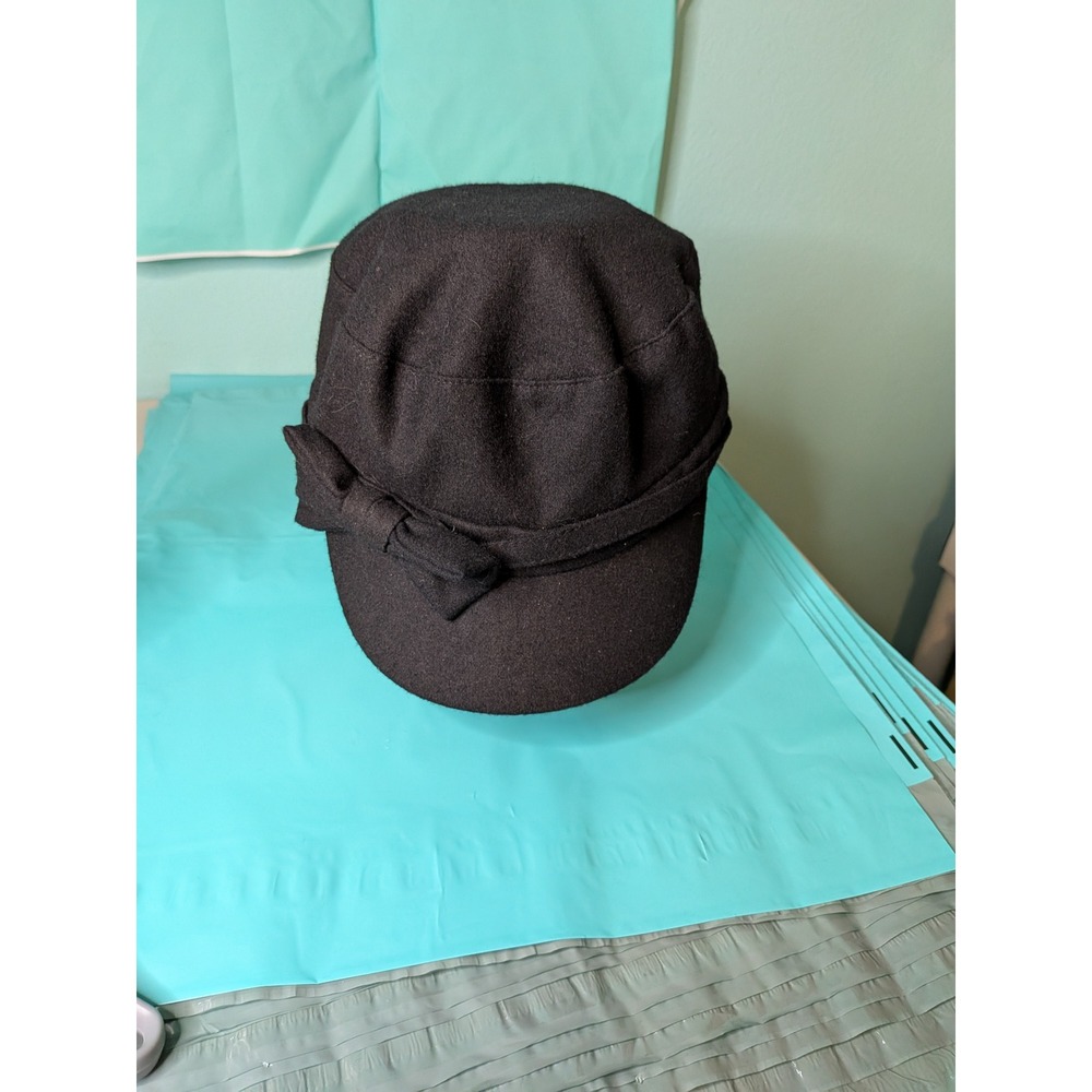 Black Wool Blend Newsboy Baker Boy Cap Hat with Side Bow Detail M/L